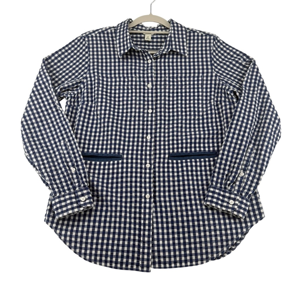 L.L.Bean Gingham Seersucker Button Down Pockets Utility Shirt Womens Medium Navy
